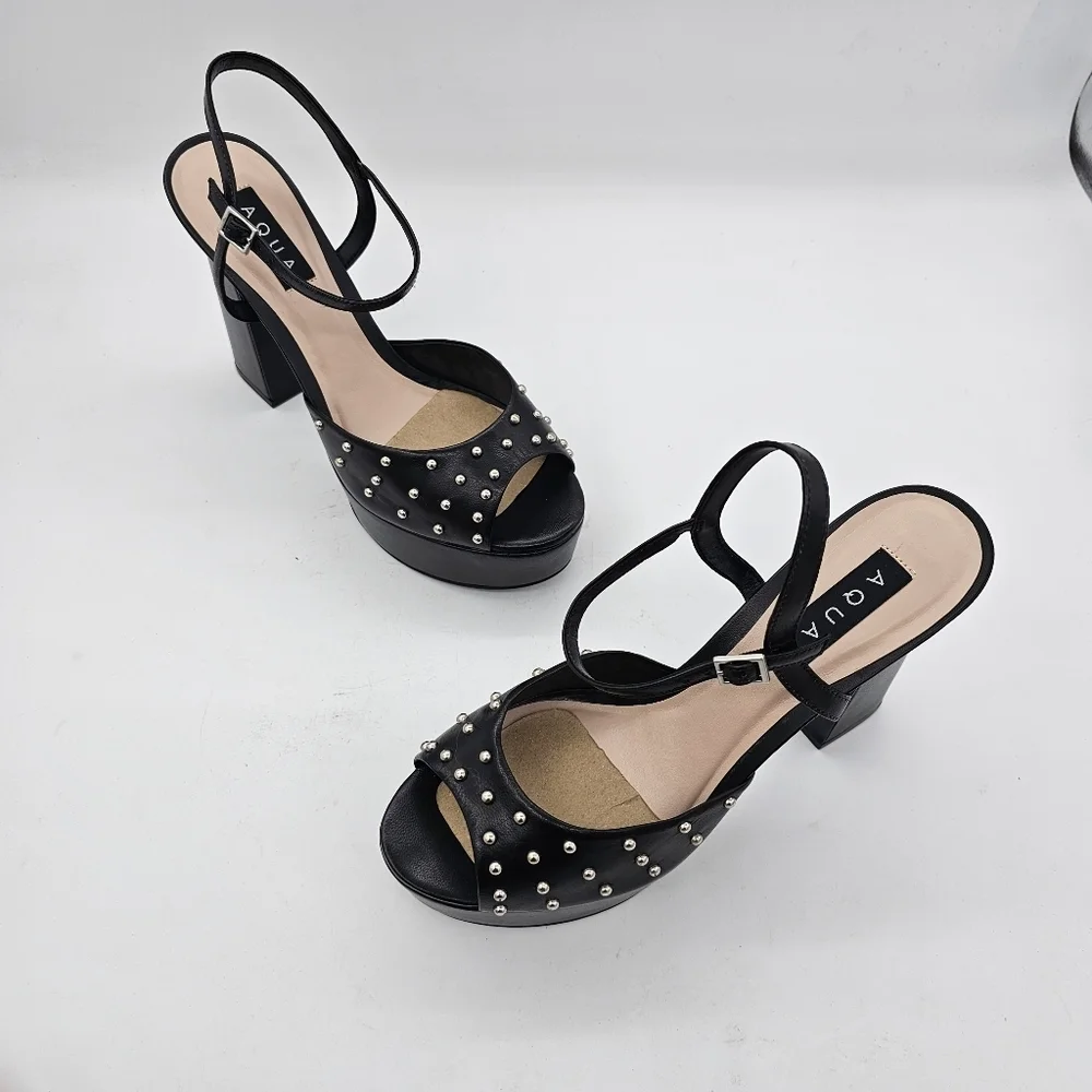 Aqua Women's Cullen High Heel Platform Sandals Studded Peep Toe Black Size 10